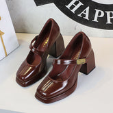 Retro High Heels Shoes Chunky Heel High Heel Waterproof Platform Metal Buckle Ankle Strap Shoes